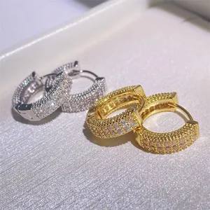 Hip hop 925 Sterling Silver Pave Simulated Diamond 5a Zircon Wedding Earrings for Men Women Plated 14K Yellow Gold Jewelry Gift