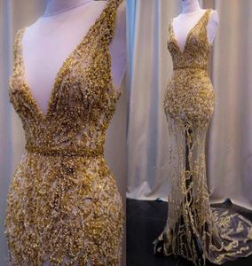 Gold Mermaid aftonklänningar Deep v Neck spetspärlor paljett bälte svep tåg prom klänning skräddarsydd formell festklänningar1669566