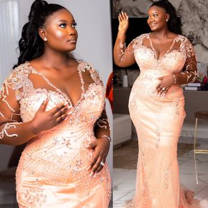 2024 ASO EBI Champagne Mermaid Prom Dress Crystals Spets Sexig Evening Formal Party Second Reception 50th Birthday Engagement Gowns Dresses Robe de Soiree ZJ192