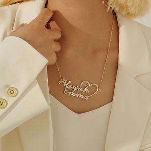 Custom Couples Script Name Necklace Personalized Iced Heart Pendant Stainless Steel Double Name Chain For Women Christmas Gift 240305