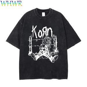 Streetwear Korn Tshirts Yaz Vintage T-Shirts Korn Rock Band T-Shirt Y2K Yıkanmış Retro Tshirt Erkekler Kadın Gevşek Pamuk Tişörtleri 240314