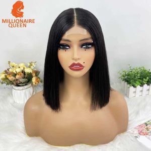 Synthetic Wigs Vietname Super Double Drawn Bone Straight 2x6 Bob Wig with 100% Human Hair Nature Black 250% Density For Black Women 240329