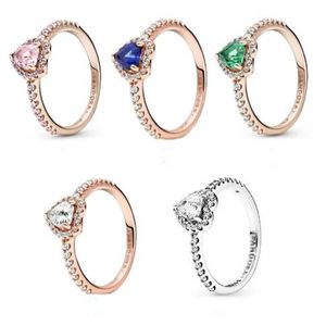 Liebesring aus 100 % 925er Sterlingsilber, passend für Pandora-Ring, Schmuck, Gold, neues erhabenes Herz, rosa, grüner Ring, Verlobungsliebhaber, modischer Ehering für Frauen