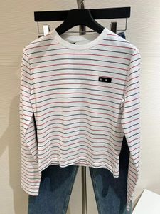 Spring Fashionable Simple Striped Contrast Color Sweet Slim-fit All-match Short Round Neck Long Sleeve T-shirt Top