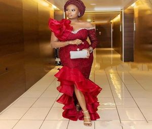 Aso Ebi Mermaid Evening Dresses Nigerian Styles Lace appliques High Low train Formal Plus Size Prom Dress African One Shoulder Par8833960