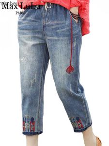 Kvinnors jeans max 2022 mode sommar damer rippade loss jeans kvinnor avslappnad broderi denim byxor vintage kvinnlig elastisk harem pantsc24318