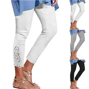 Women's Leggings A Pair Of Long Pants Lace Decor High Waist Spring Autumn Thin Solid Color Comfortable Costume For Women