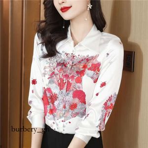 Beige Satin Chain Print Shirt for Women Lapel Ribbon Bow Autumn Winter Designer Blouses 2023 Office Ladies Chic Long 381