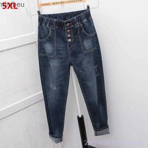 Kvinnors jeans stora jeans kvinnor förlorar nya harembyxor syster byxor 5xl 4xl hög midja frontknapp trendiga byxor jeans för kvinnors24318