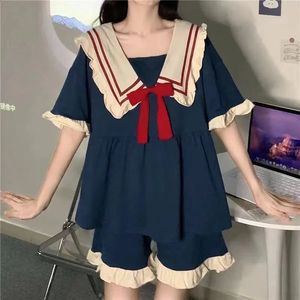 Caiyier urocza bownot dziewczyna piżama Set Summer Korean Sleep Farew Short Rleeve Shorts Ruffle Night Wear Biecid Bieliza