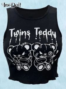 Tops InsDoit Goth Teddy Bear Print Japanese Tank Tops Harajuku Cotton Casual Bodycon Elf Girl Women Punk Streetwear Hippie Crop Tops