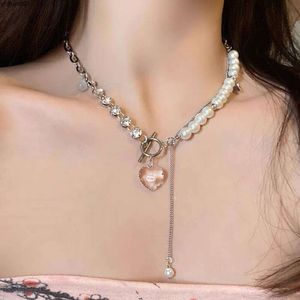 Pearl Heart Splicing Necklace for Women in Summer Sweet Cool Style Neckchain Light Luxury and Unique Design High End Collar Chain