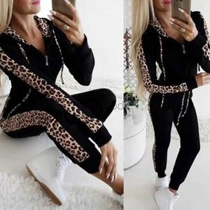 Kvinnors träningsdräkter Tracksuit Women Splice Fleece Leopard Print Coat With Hood Pieces Set Hoodies Long Pants Passar Sportwear 24318