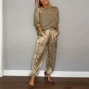 Smooth Women's Tracksuits Satin Short-sleeved Top Pant Suit Two-piece Set Spring O-neck Lace Up Outfits Summer Leisure Suit 24318