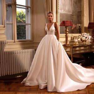 Uma linha elegante simples vestidos de casamento feminino com decote em v com bolsos vestido de noiva sem costas sexy vestidos de casamento de cetim yd