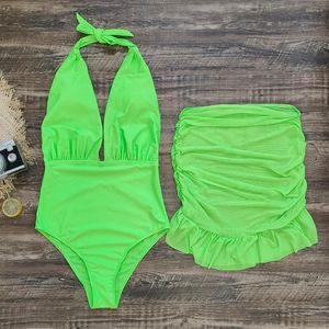 Women's Swimwear Women Swimming Suit 2024 Summer 2PCS Set Sexy Halter Bandage Deep V Neck Romper Bikini Mini Skirt Bathing Swimsuit