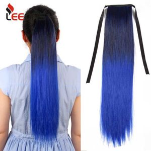 Synthetic Wigs Leeons Synthetic Hair Ponytail Long Straight Around Clip In Ponytail Hair Ombre Blue Hair Cosplay Party Ponytail 240329