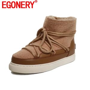 Botas egonery Botas de neve de lã fofa 2022 Inverno estilo baixo salto quente Sapatos redondos redondos slipon cross amarrado botas de moda