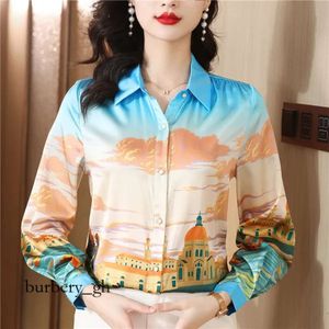 Beige Satin Chain Print Shirt for Women Lapel Ribbon Bow Autumn Winter Designer Blouses 2023 Office Ladies Chic Long 655