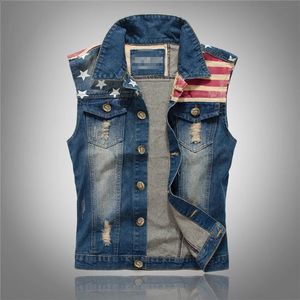 Weste für Herren, gespleißte USA-Flagge, Demin-Weste, Herrenjacken, modische Jeans, Streetwear, lässig, Biker, Vintage, ausgefranste Taschenmäntel 240304