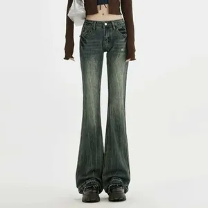 Dżinsowe dżinsy o wysokiej talii e -dziewczęcy styl streetwearu kobiety z modnym vintage Slim Fit Denim Gruby proste spodnie