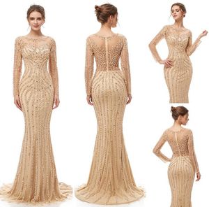 2019 Elegant Champagne Luxury Beaded Crystal Mermaid aftonklänningar Yousef Aljasmi Robe de Soiree Sheer Tulle Neck Arabic Prom Fo8380830