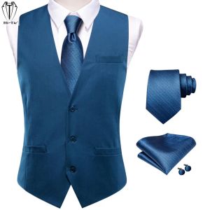 Gilet HiTie Gilet da uomo in viscosa blu con cravatta Fazzoletto Gemelli Set Gilet jacquard Giacca senza maniche per regalo aziendale di nozze