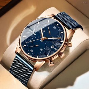 Armbandsur 2024 Fashion Business Mens Watches Top Blue Ultra Thin Mesh Chronograph Quartz Waterproof Luminous Wristwatch