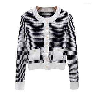 Women's Knits VII 2024 S Early Spring Woman Clothing Striped Round Neck Single Breasted Jacket Top Knit Cardigan Sweater Women