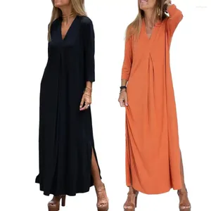Casual Dresses Women Solid Color Dress Elegant V Neck Maxi With Pleated Sleeves Side Split Hem Soft Knitted Wear For Breathable