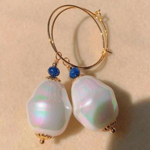 Dingle örhängen mode vit oregelbunden pärla lapis lazuli pärlor guld kontor formella moderna diamantkvinnor ljuskrona öron manschettkonst
