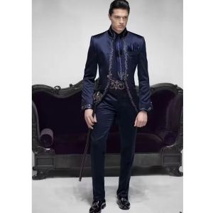 Suits 2024 Ny italiensk klassisk skräddare Made Luxury Brand Navy Blue Men Suits Slim Fit Tuxedo 2 -stycken Masculine Blazer Set Jacket Pant