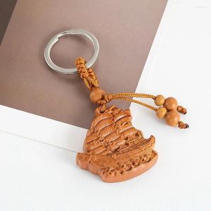 Keychains Natural Peach Wood Laser Sailing Ship Steamship Mascot Key Chains Charms Pendant Boat Amulet Keyrings Feng Shui Dangle Jewelry