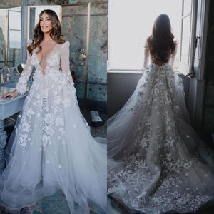 Berta A-Linie Hochzeitskleid für die Braut, V-Ausschnitt, volle Spitze, Boho-Hochzeitskleider, Vestidos de Novia, lange Ärmel, Spitze, rückenfrei, Country-Robe de Mariage