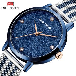Mini Focus Marka Watch Watch Light Luxury Silk Diard Japońskie Ruch inkrustowany z Diamentowym Wodoodpornym Paskiem Milan Mesh 0329L