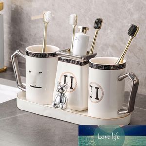 Top Fashion White Ceramic Toothbrush Cup Couple's Gold-Plated Mouthwash Cups Storage Rack Bathroom Simple Wash Cup Brushing Cups Cover