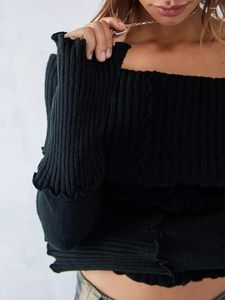 Suéteres femininos Mulheres Off-Ombro Cropped Tops Cor Sólida Nervuras Barco Pescoço Manga Longa Alface Borda Trims Knitwear