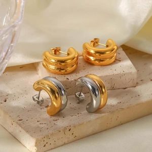 Hoopörhängen minimalistisk rostfritt stål dubbelskikt runda för kvinnor vintage guldfärg c formade små cirkel smycken