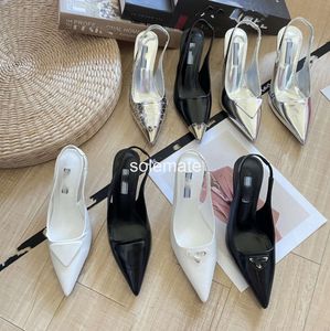 7CM Triangle Buckle Slingback Sandals Metallic Silver Patent Pumps High Heels Shoes Pointed Toe Women Lady Wedding Party Dinner Pump Heeled Stilettos Slides