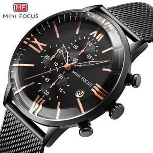 Mini Focus Fashion Men's Watch Multifunktionell timingrörelse Kalender Waterproof Steel Mesh Band 0236G