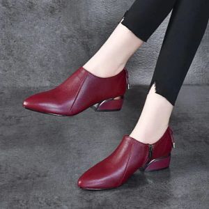 Stivali 2021 tacchi a metà autunno, scarpe da lavoro femminile, tallone a blocchi, pompe di peluche puntate, zip laterale, bowtie posteriore, nero, vinicola, dropshipping