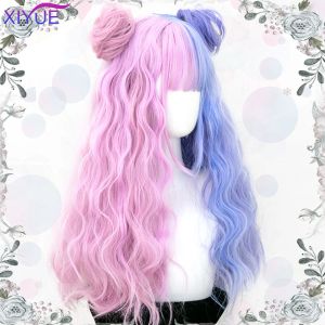 Perücken XIYUE Blau Rosa Lolita Perücken Ombre Lange Wasserwelle Cosplay Perücken Kunsthaar Perücken Hitzebeständig Für Frauen Amerikanischen Stil