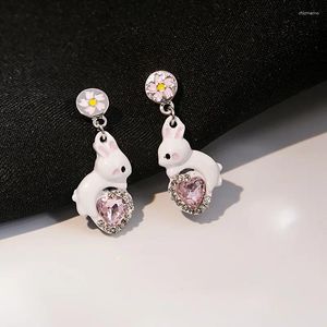Stud Earrings Sweet Romantic Pink Crystal Heart For Women Enamel Flower Rhinestone Animal Girls Couple Gift Jewelry