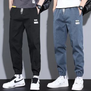 Pants Men Cotton Thin Elastic Drawstring Waist Beam Feet Light blue Loose Joggers Sports Cargo Trousers Male