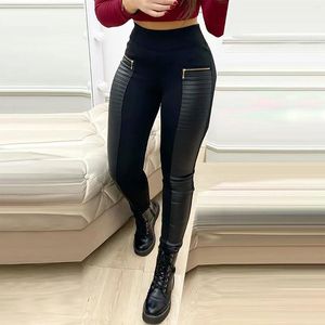 Women's Pants High Waist Skinny Women Faux Leather Contrast Trousers Hip Lifting Push Up Tights Sexy Ladies Pantalones De Mujer