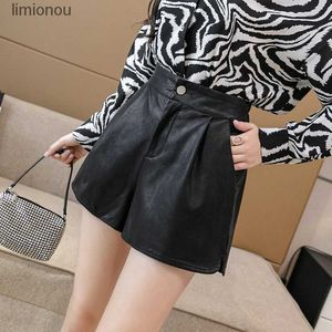 Women's Shorts PU Shorts for Women 2023 Autumn Winter Clothes Women Elastic Waist Leather Womens Shorts High Waist A-line Wide Leg Shorts WomenC243128