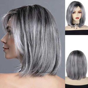 Synthetic Wigs Short Grey Wig Natural Synthetic Bob Wigs Dark Root Seniors Women Wig Natural Haircuts Trendy Elderly Curly Hair Ombre Color Wig 240328 240327