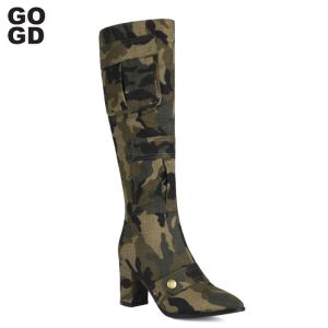 Botas gogd moda feminina as botas de joelho novas saltos altos de salto alto camuflamento exército de sapatos verdes joelhos botas altas botas de bolso de jeans botas