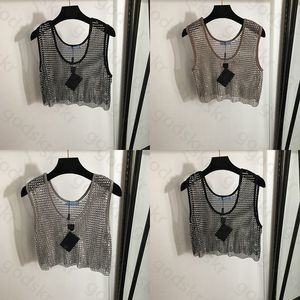 Metallic Drill Hollow Tank Tops Women Sexy Loose Sleeveless Crop Tops Fashion U Collar Diamond Check Vest