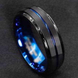 Moda 8mm preto e azul escovado escada borda masculino tungstênio anel de banda de casamento fino azul sulco motociclista anel de casamento masculino presente